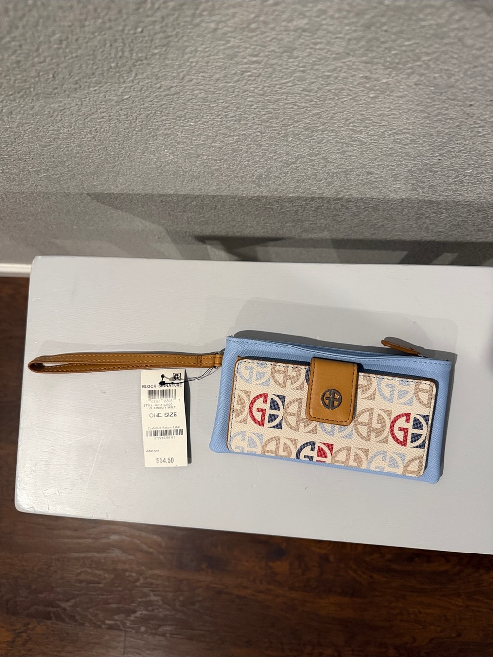 NWT Giani Bernini Logo Print Blue and Tan Wristlet Wallet